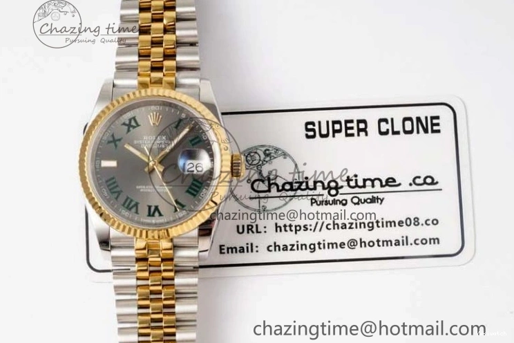 DIWF 904L SA3235 1:1 YG DateJust on Steel Bracelet Jubilee 36mm Best SS Markers Gray Dial Edition Green 0404